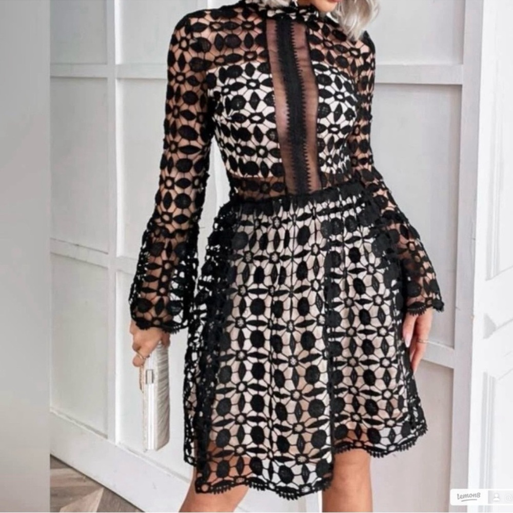 Eilly Bazar Mock Neck, Flounce Sleeves, Lace, Mesh Insert Dress